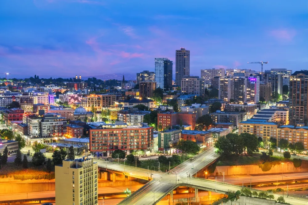 Twilight view of the First Hill skyline in Seattle