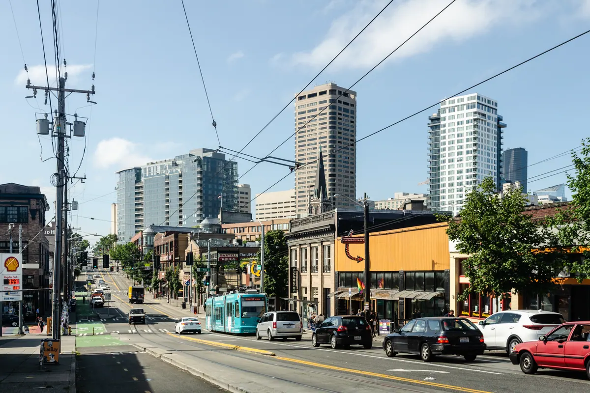 Broadway streetscape and light rail in Capitol Hill, Seattle